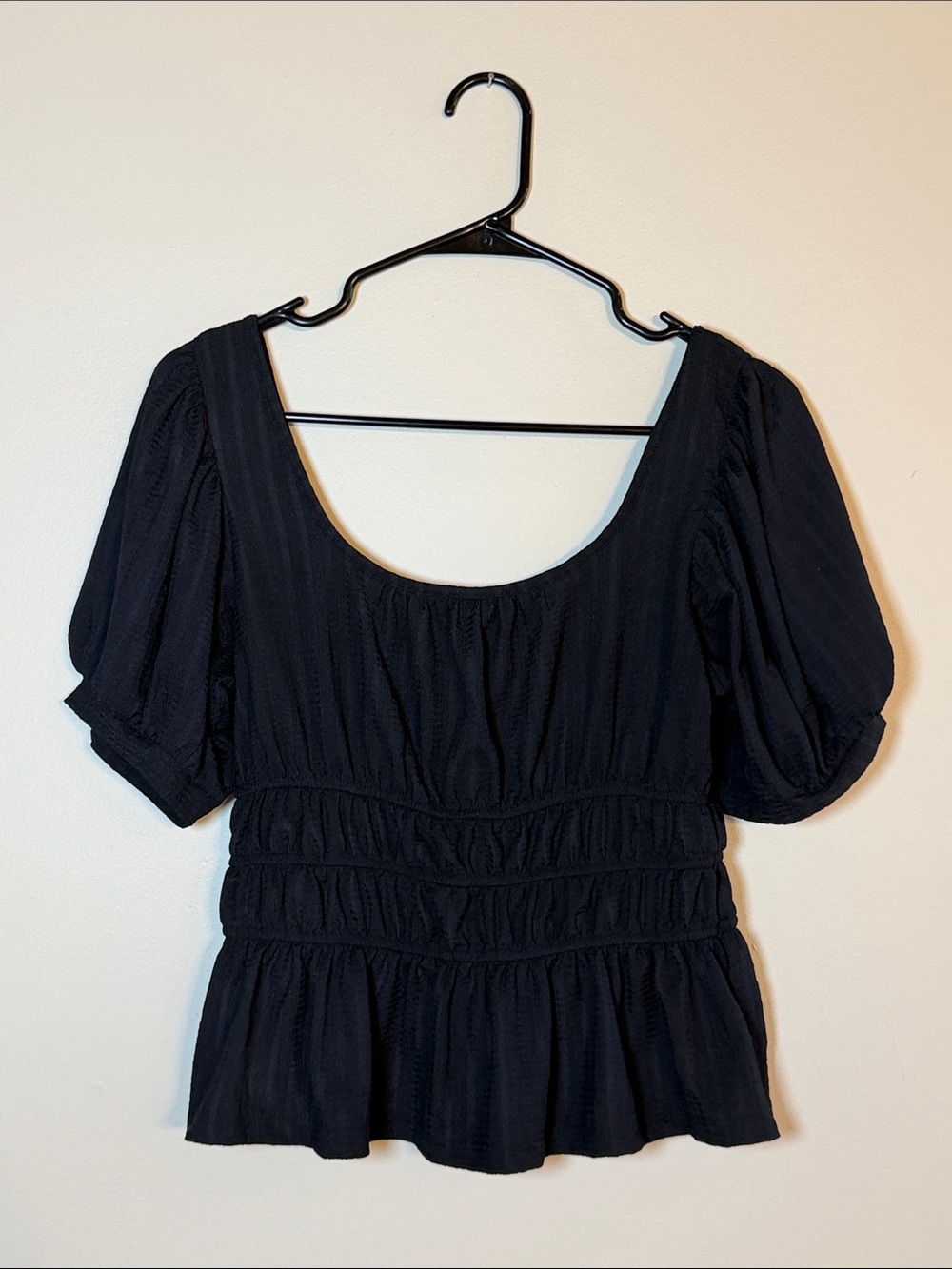 Anthropologie Maeve Black Puff-Sleeve Smocked Peplum Top Size Small